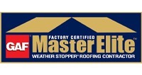 GAF Factory Certified Master Elite Weather Stopper Roofing Contractor logo with gold and blue colors.