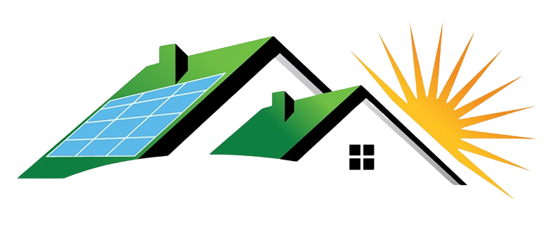 Illustration of house rooftops, one with solar panels, and a stylized yellow sun shining in the background.