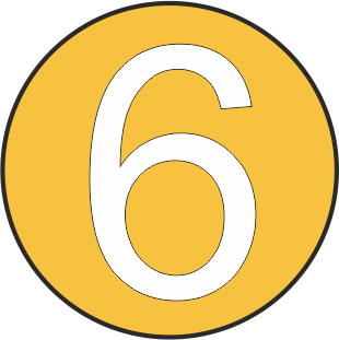A large white number six centered inside a yellow circle with a black outline.