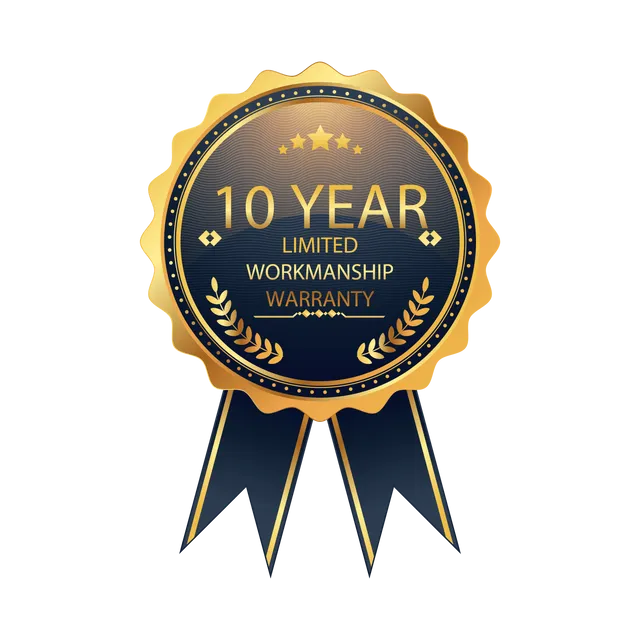 A gold and navy badge displaying 10 Year Limited Workmanship Warranty with decorative laurel leaves and ribbon accents.